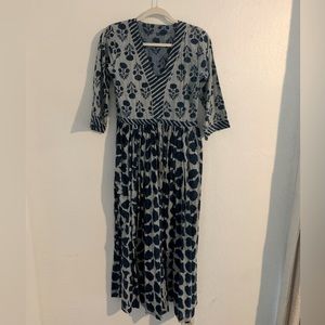 Indian block print indigo cotton maxi dress XS